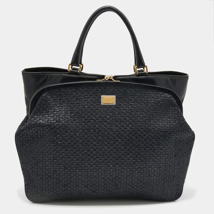 Pre Owned Dolce & Gabbana Black Leather and Straw Tote
