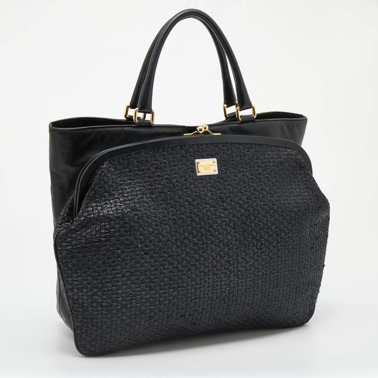 Pre Owned Dolce & Gabbana Black Leather and Straw Tote