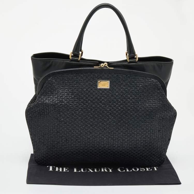 Pre Owned Dolce & Gabbana Black Leather and Straw Tote