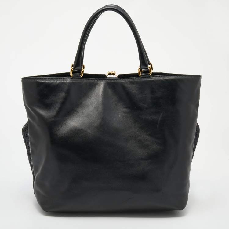 Pre Owned Dolce & Gabbana Black Leather and Straw Tote