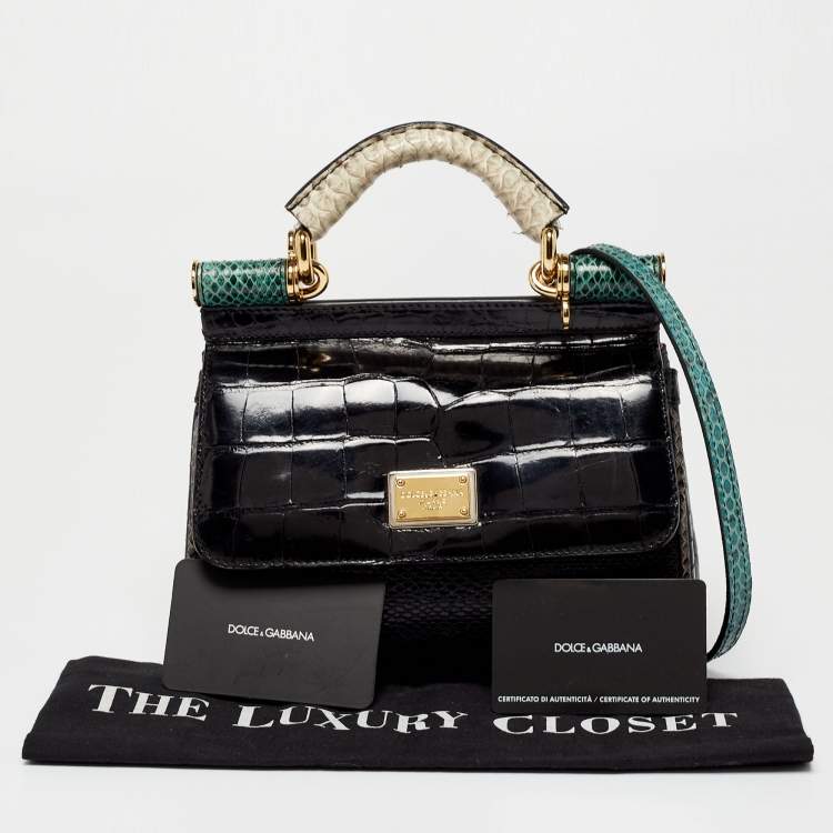Pre Owned Dolce & Gabbana Black/Green Crocodile and Python Limited Edition Small Miss Sicily Top Handle Bag