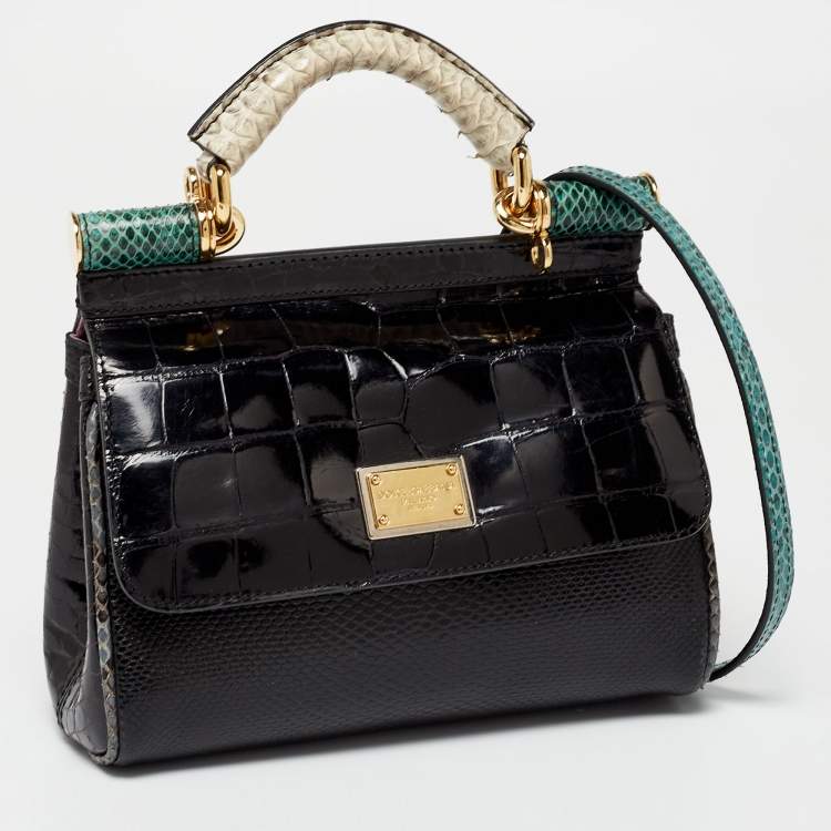 Pre Owned Dolce & Gabbana Black/Green Crocodile and Python Limited Edition Small Miss Sicily Top Handle Bag