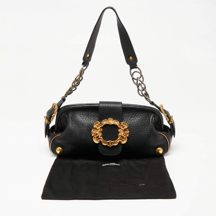 Pre Owned Dolce & Gabbana Black Leather Buckle Detailing Flap Baguette