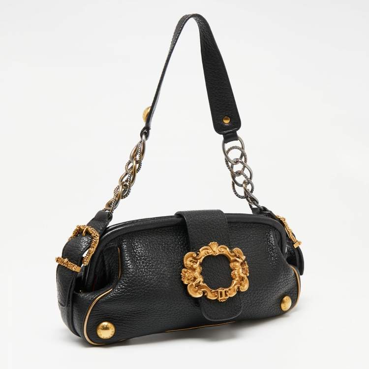 Pre Owned Dolce & Gabbana Black Leather Buckle Detailing Flap Baguette
