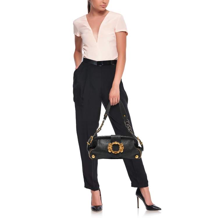 Pre Owned Dolce & Gabbana Black Leather Buckle Detailing Flap Baguette