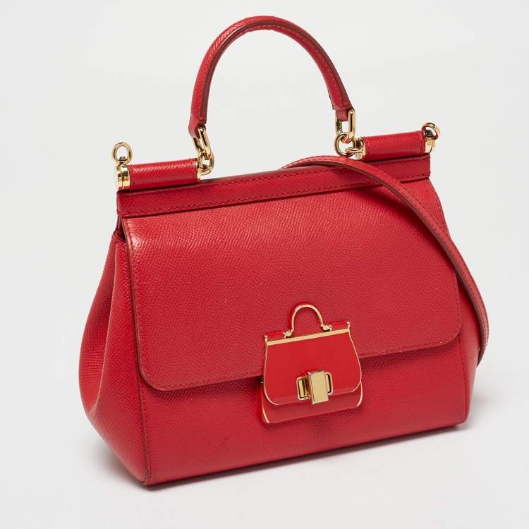 Pre Owned Dolce & Gabbana Red Leather Small Miss Sicily Top Handle Bag