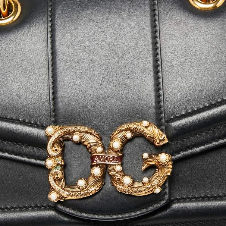 Pre Owned Dolce & Gabbana Black Leather DG Amore Chain Shoulder Bag