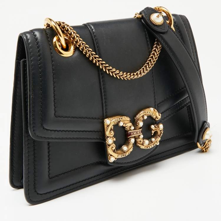 Pre Owned Dolce & Gabbana Black Leather DG Amore Chain Shoulder Bag
