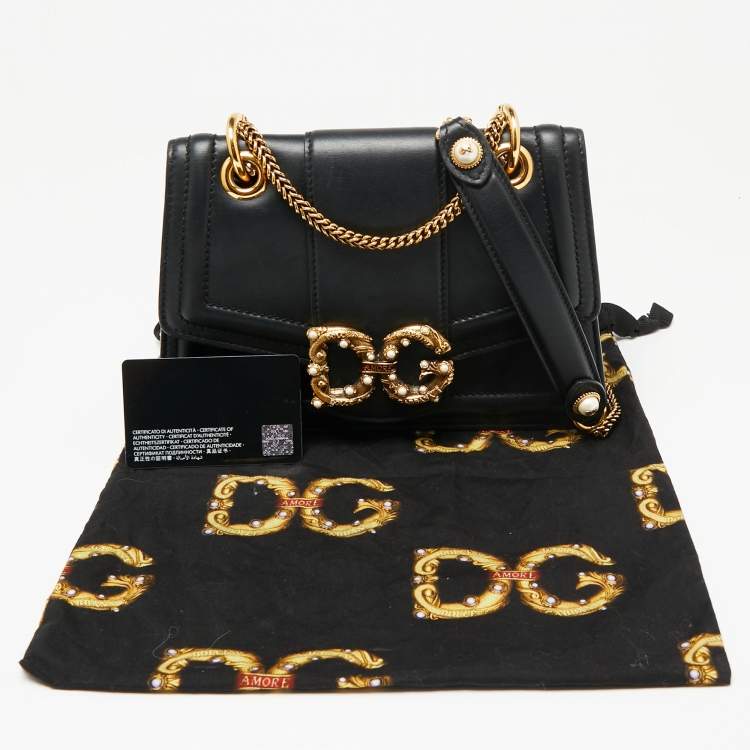 Pre Owned Dolce & Gabbana Black Leather DG Amore Chain Shoulder Bag