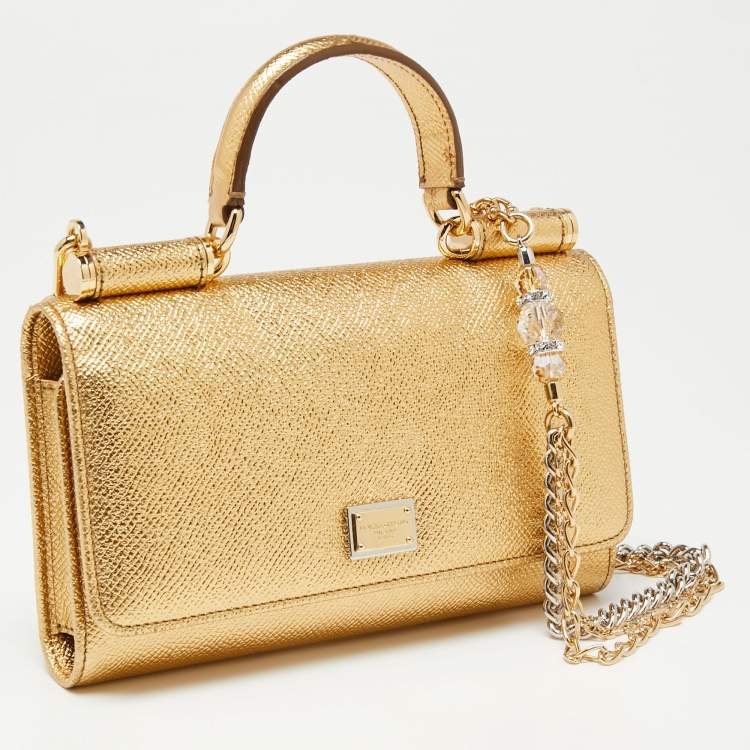 Pre Owned Dolce & Gabbana Metallic Gold Leather Miss Sicily Von Wallet on Chain
