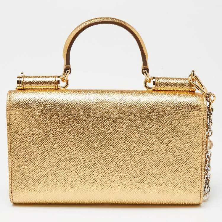 Pre Owned Dolce & Gabbana Metallic Gold Leather Miss Sicily Von Wallet on Chain