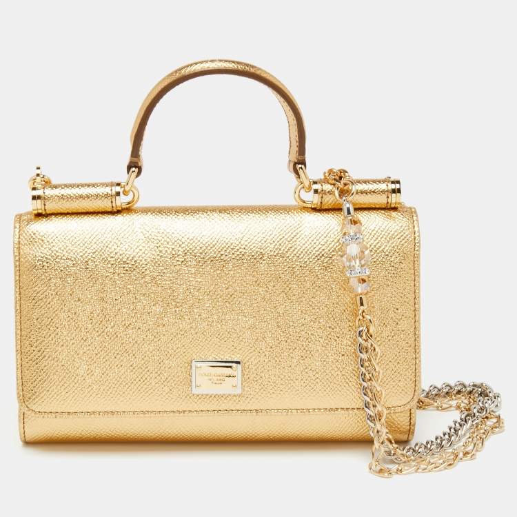 Pre Owned Dolce & Gabbana Metallic Gold Leather Miss Sicily Von Wallet on Chain