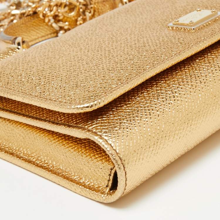 Pre Owned Dolce & Gabbana Metallic Gold Leather Miss Sicily Von Wallet on Chain