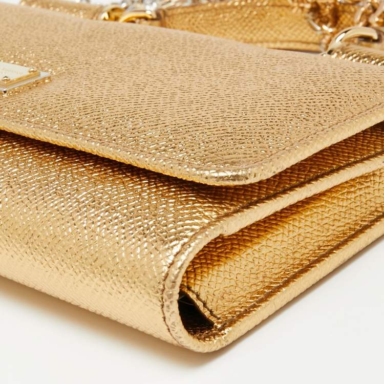 Pre Owned Dolce & Gabbana Metallic Gold Leather Miss Sicily Von Wallet on Chain