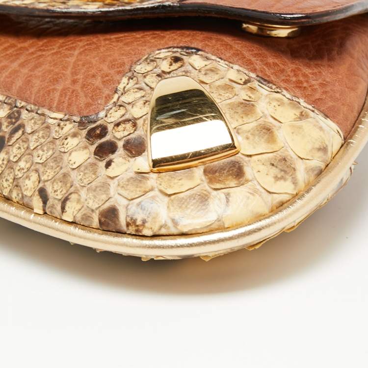 Pre Owned Dolce & Gabbana Brown/Beige Leather and Water Snake Chain Pochette