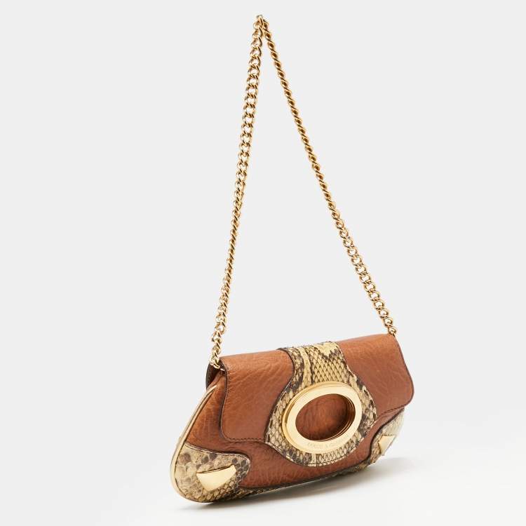 Pre Owned Dolce & Gabbana Brown/Beige Leather and Water Snake Chain Pochette