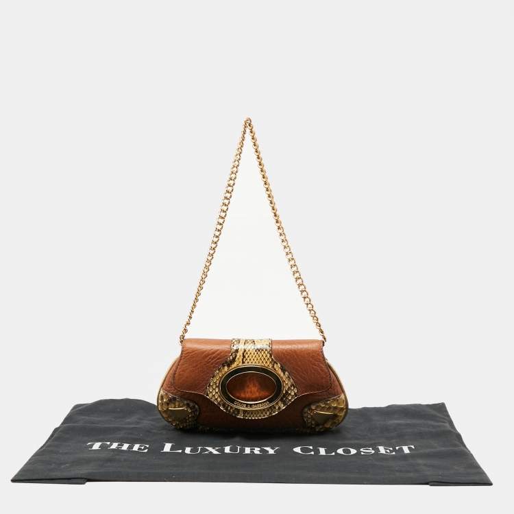 Pre Owned Dolce & Gabbana Brown/Beige Leather and Water Snake Chain Pochette
