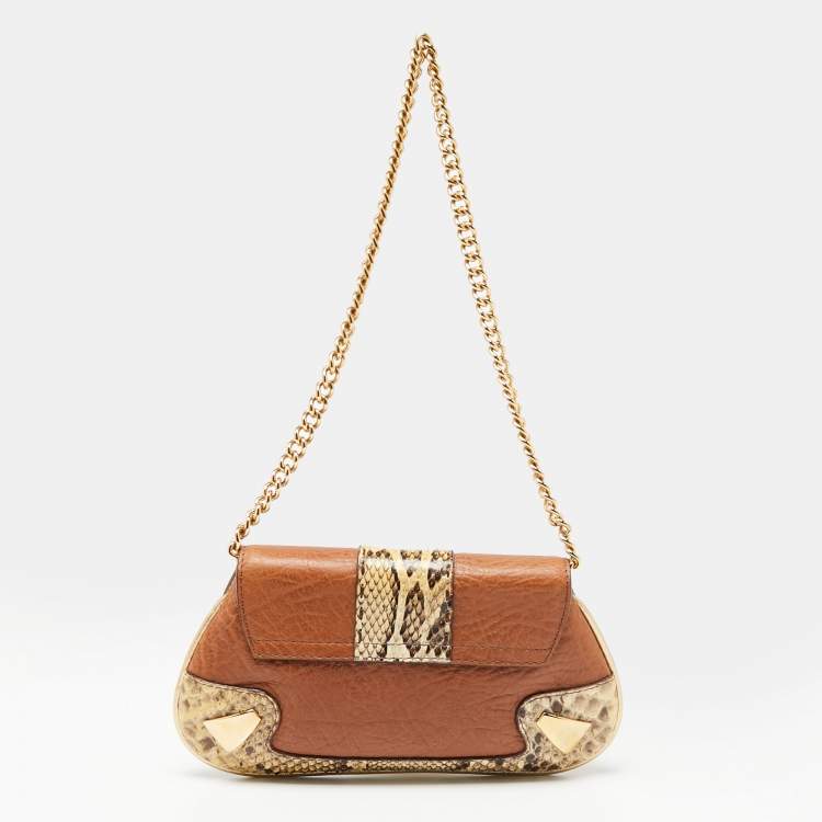 Pre Owned Dolce & Gabbana Brown/Beige Leather and Water Snake Chain Pochette