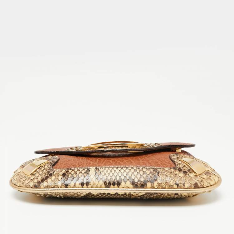 Pre Owned Dolce & Gabbana Brown/Beige Leather and Water Snake Chain Pochette
