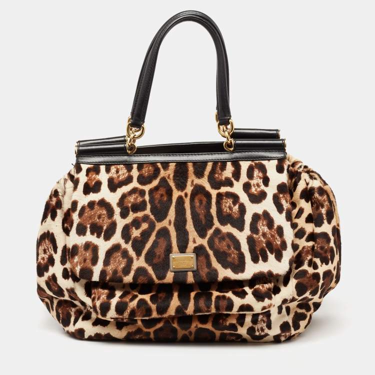 مملوكة مسبقًا Dolce & Gabbana Black/Brown Leopard Print Calfhair and Leather Miss Sicily Front Pocket Tote