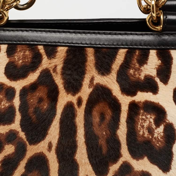 مملوكة مسبقًا Dolce & Gabbana Black/Brown Leopard Print Calfhair and Leather Miss Sicily Front Pocket Tote