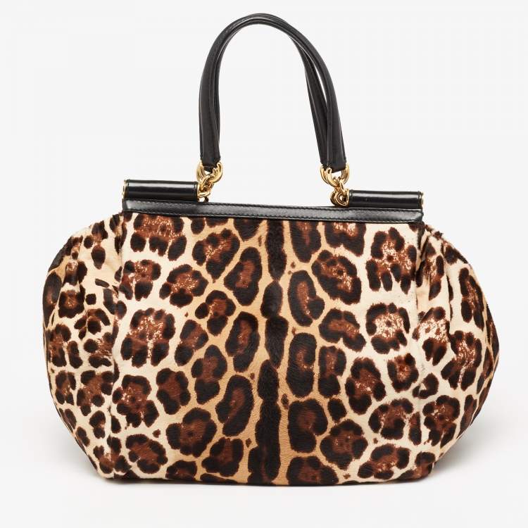 مملوكة مسبقًا Dolce & Gabbana Black/Brown Leopard Print Calfhair and Leather Miss Sicily Front Pocket Tote
