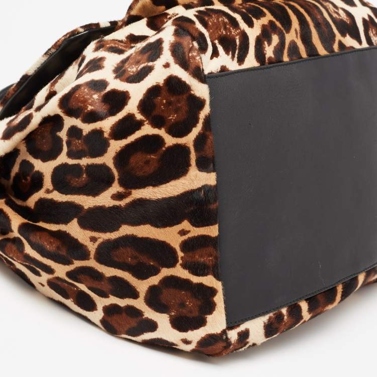 مملوكة مسبقًا Dolce & Gabbana Black/Brown Leopard Print Calfhair and Leather Miss Sicily Front Pocket Tote