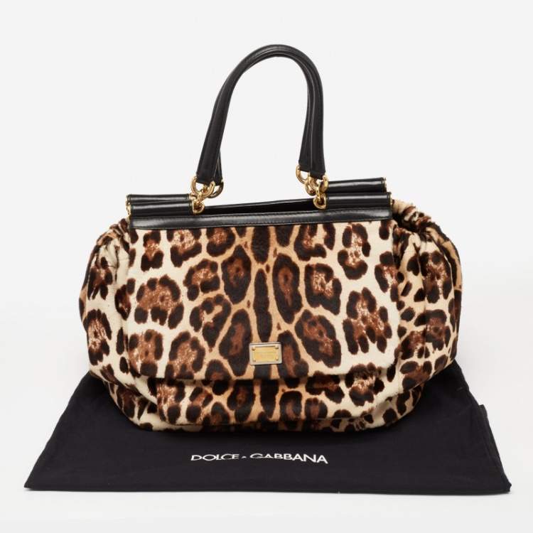 مملوكة مسبقًا Dolce & Gabbana Black/Brown Leopard Print Calfhair and Leather Miss Sicily Front Pocket Tote
