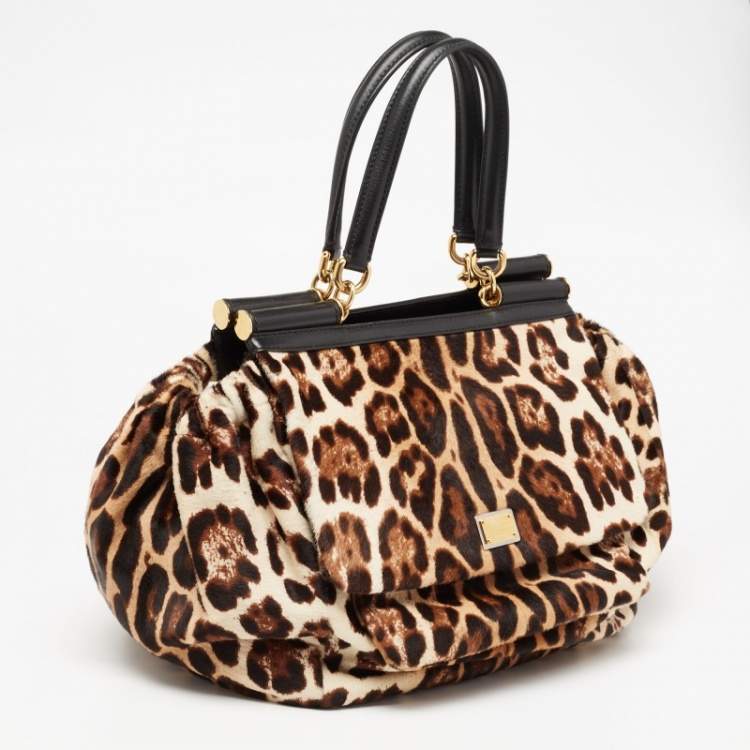 مملوكة مسبقًا Dolce & Gabbana Black/Brown Leopard Print Calfhair and Leather Miss Sicily Front Pocket Tote