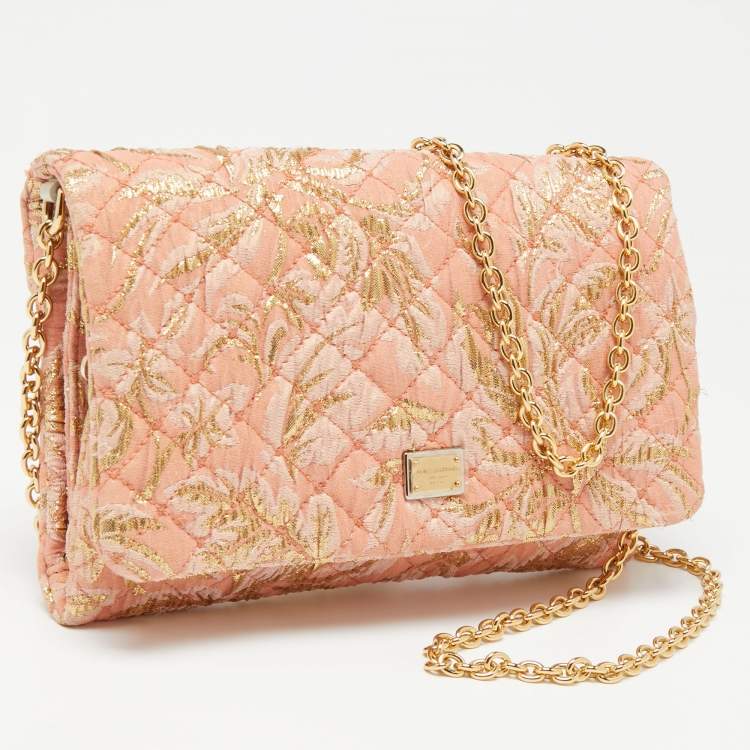 Pre Owned Dolce & Gabbana Pink & Gold Brocade Fabric Clutch 