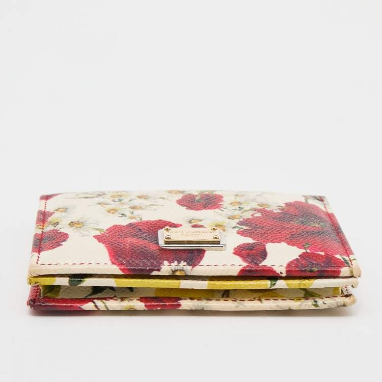 Pre Owned Dolce & Gabbana White Floral Print Leather Flap Card Case