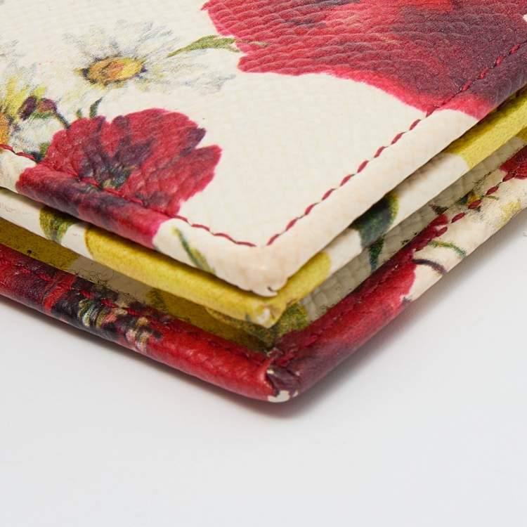 Pre Owned Dolce & Gabbana White Floral Print Leather Flap Card Case