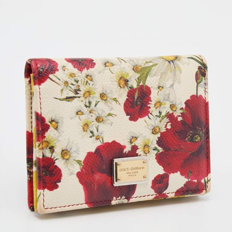 Pre Owned Dolce & Gabbana White Floral Print Leather Flap Card Case