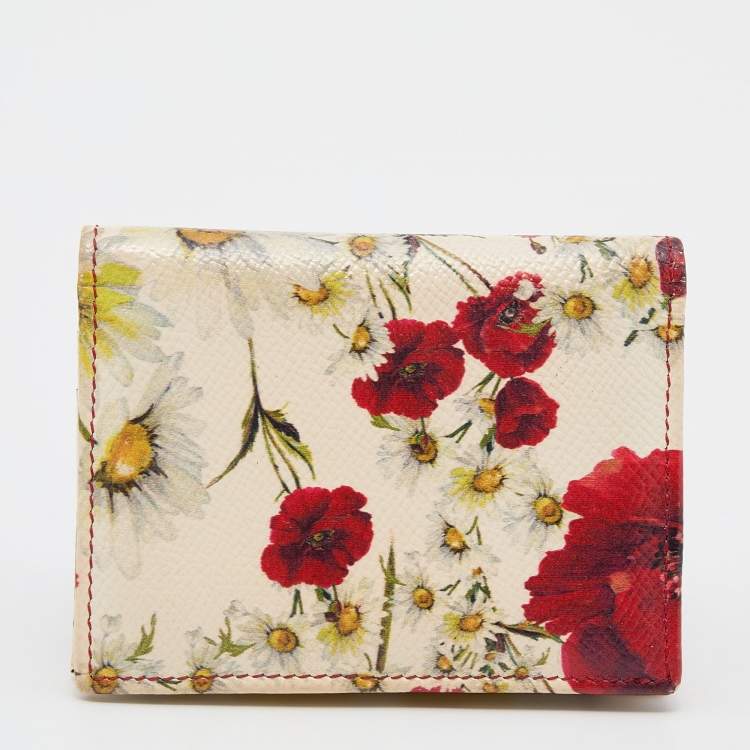 Pre Owned Dolce & Gabbana White Floral Print Leather Flap Card Case