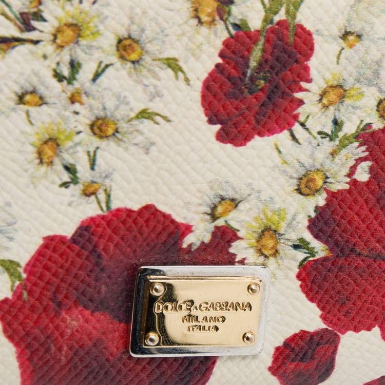 Pre Owned Dolce & Gabbana White Floral Print Leather Flap Card Case