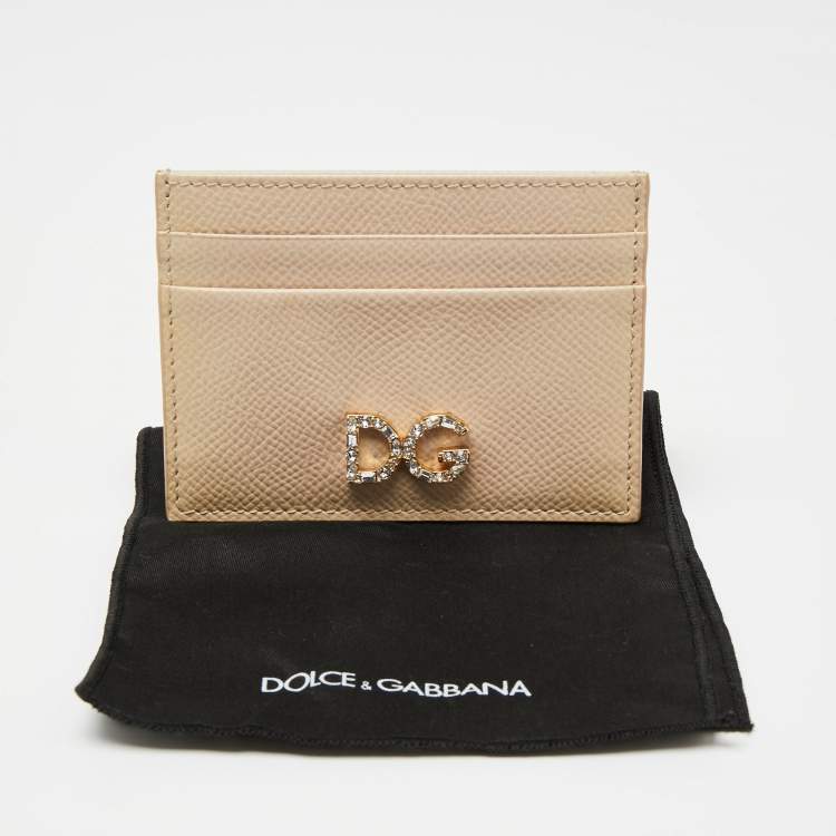 Pre Owned Dolce & Gabbana Beige Leather DG Crystal Logo Card Holder