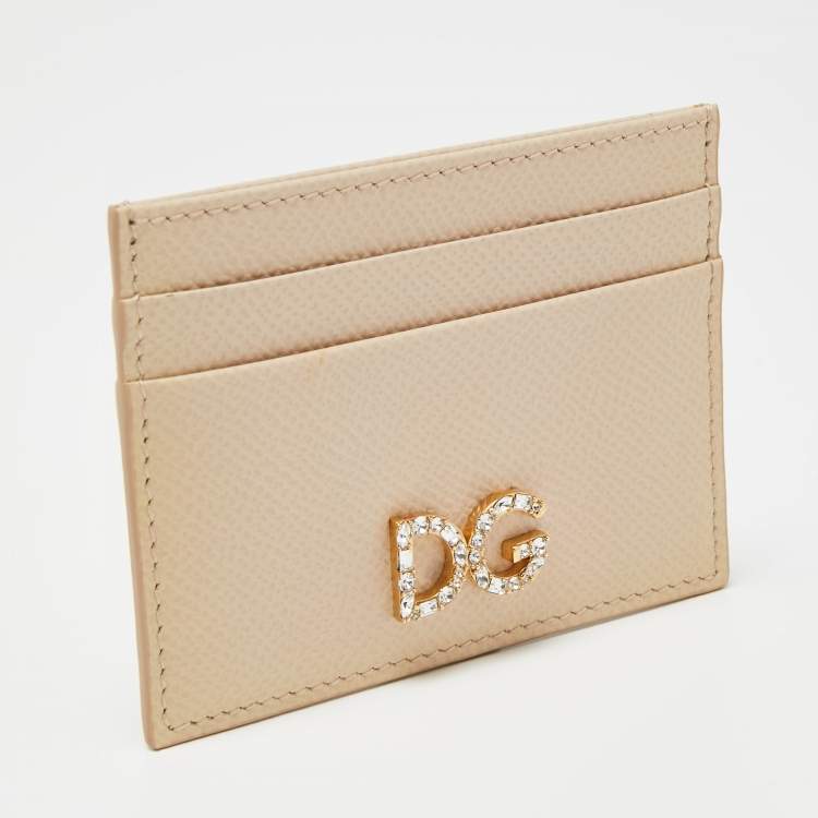 Pre Owned Dolce & Gabbana Beige Leather DG Crystal Logo Card Holder