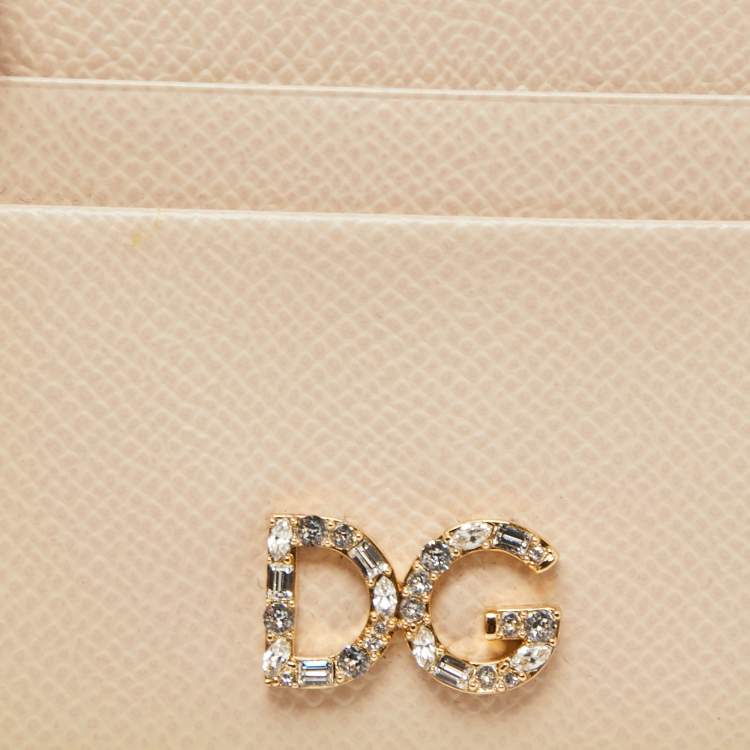 Pre Owned Dolce & Gabbana Beige Leather DG Crystal Logo Card Holder
