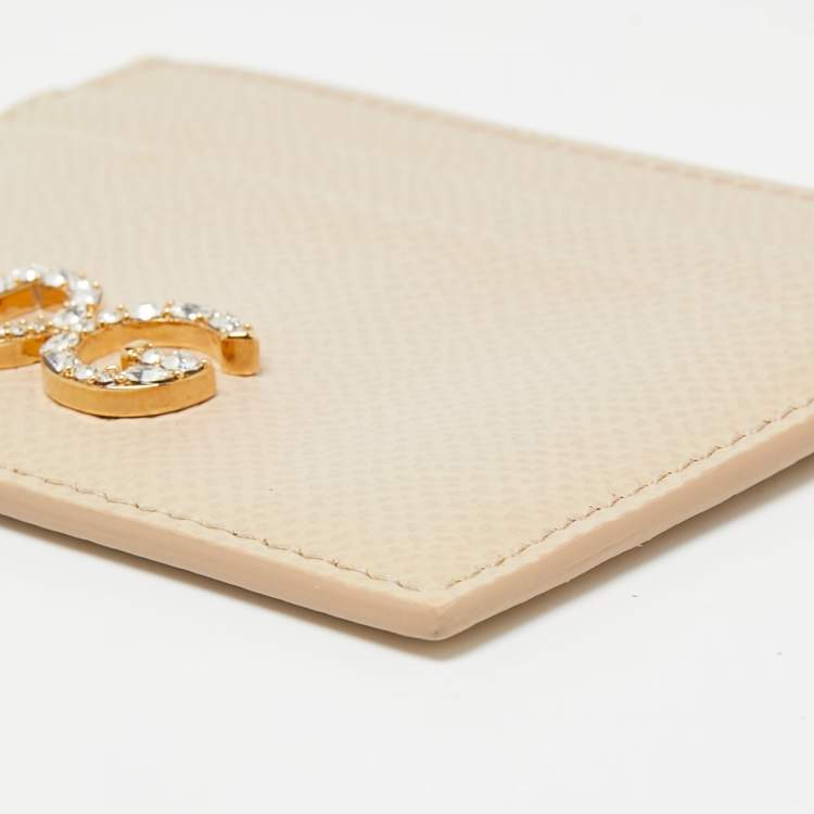 Pre Owned Dolce & Gabbana Beige Leather DG Crystal Logo Card Holder