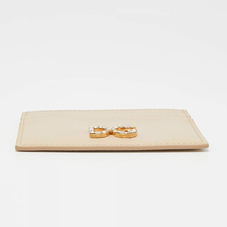 Pre Owned Dolce & Gabbana Beige Leather DG Crystal Logo Card Holder