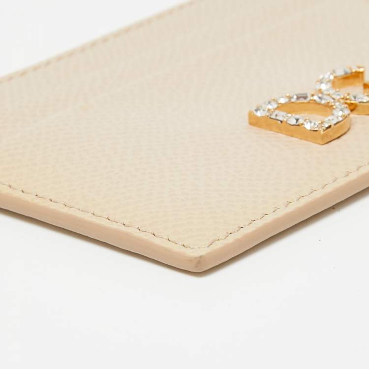 Pre Owned Dolce & Gabbana Beige Leather DG Crystal Logo Card Holder