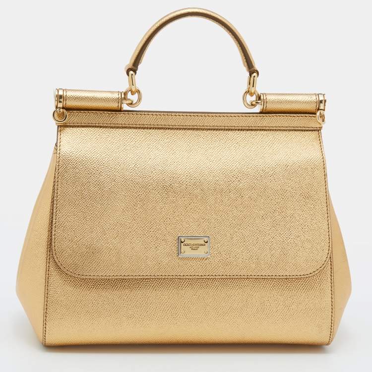 Pre Owned Dolce & Gabbana Metallic Gold Leather Medium Miss Sicily Top Handle Bag