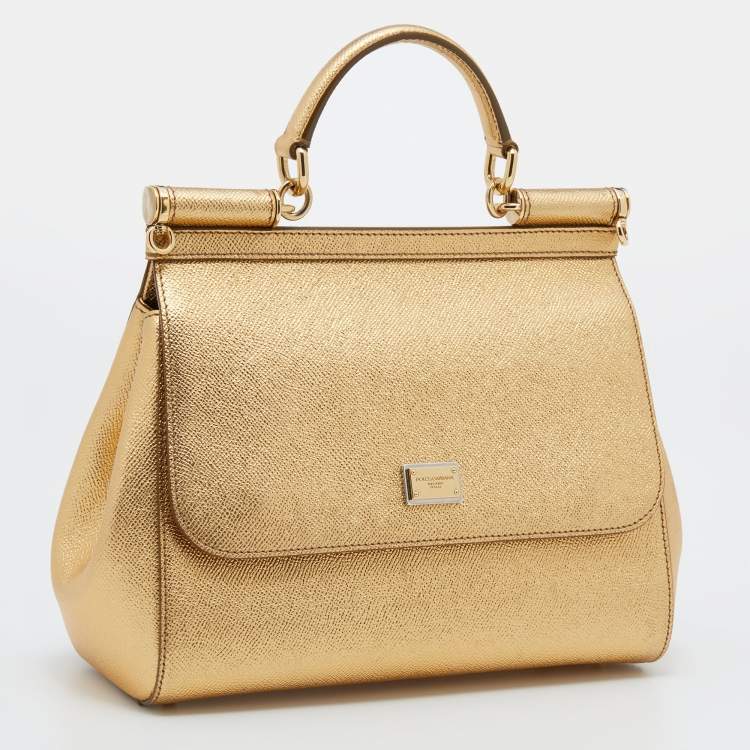 Pre Owned Dolce & Gabbana Metallic Gold Leather Medium Miss Sicily Top Handle Bag
