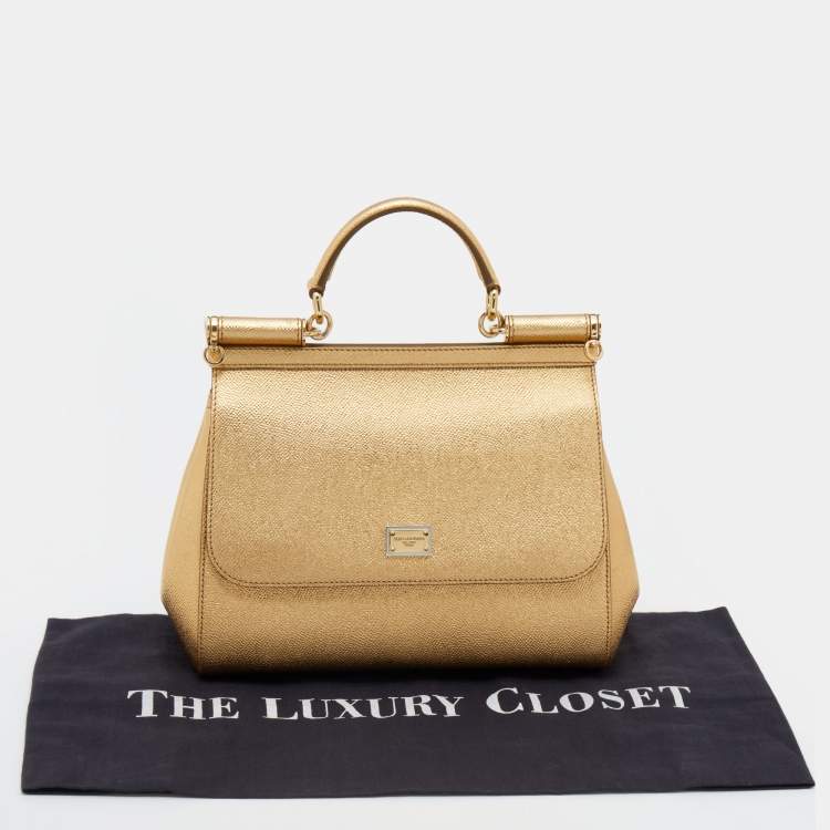 Pre Owned Dolce & Gabbana Metallic Gold Leather Medium Miss Sicily Top Handle Bag