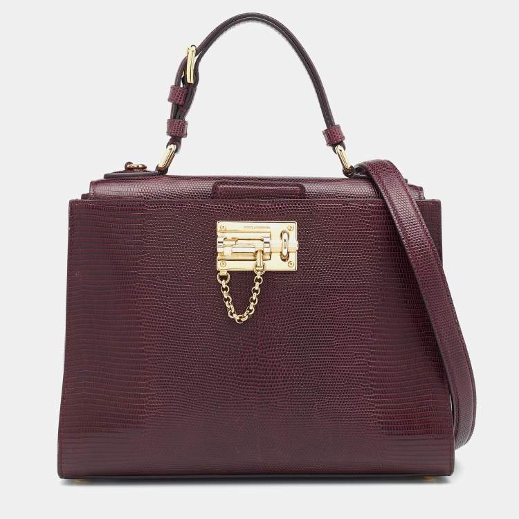 Pre Owned Dolce & Gabbana Burgundy Lizard Embossed Leather Miss Monica Top Handle Bag
