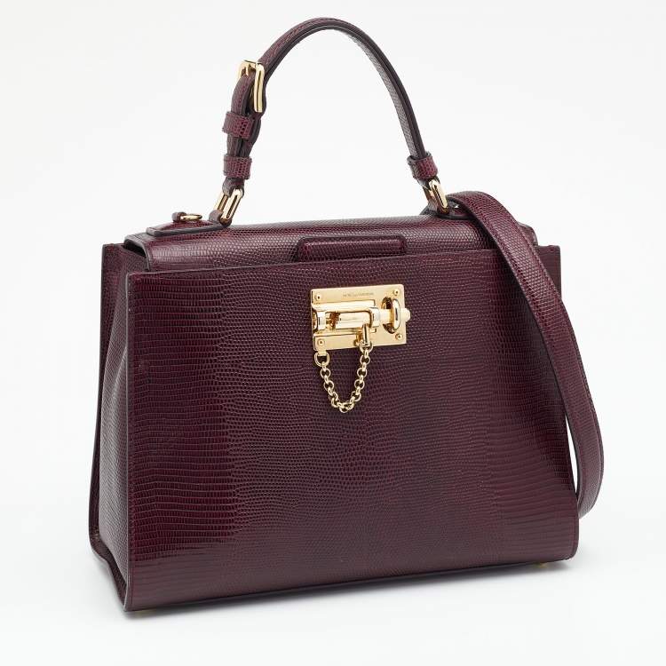 Pre Owned Dolce & Gabbana Burgundy Lizard Embossed Leather Miss Monica Top Handle Bag