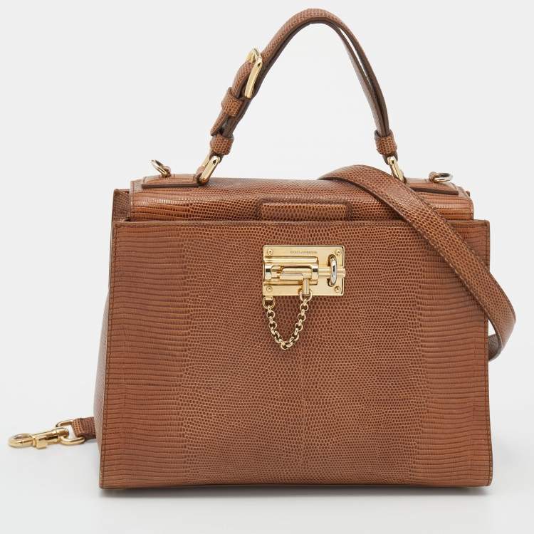 Pre Owned Dolce & Gabbana Brown Lizard Embossed Leather Miss Monica Top Handle Bag