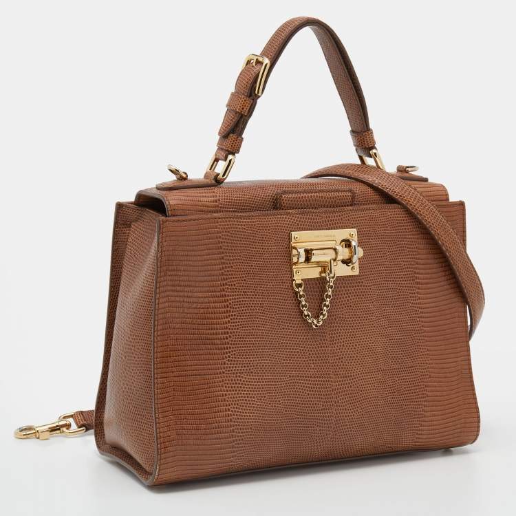 Pre Owned Dolce & Gabbana Brown Lizard Embossed Leather Miss Monica Top Handle Bag