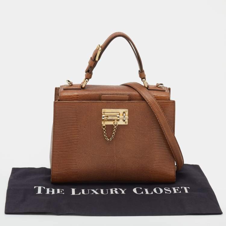 Pre Owned Dolce & Gabbana Brown Lizard Embossed Leather Miss Monica Top Handle Bag