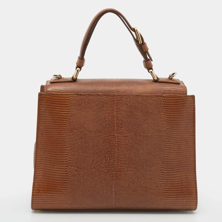 Pre Owned Dolce & Gabbana Brown Lizard Embossed Leather Miss Monica Top Handle Bag